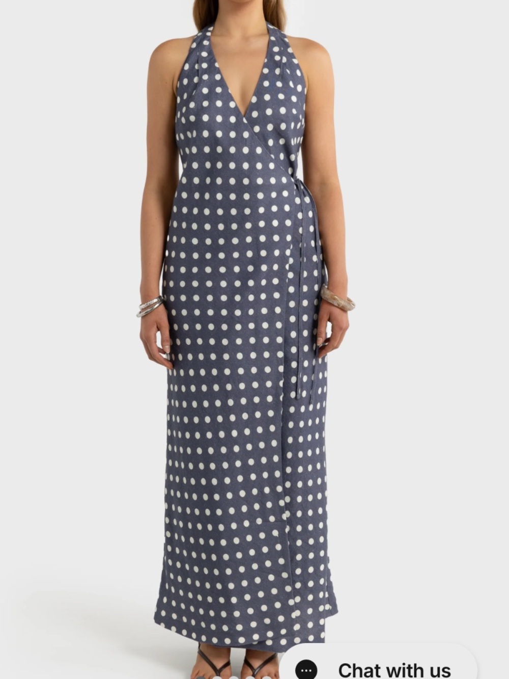 Polka Dot Halter Wrap Maxi Dress in Navy and White